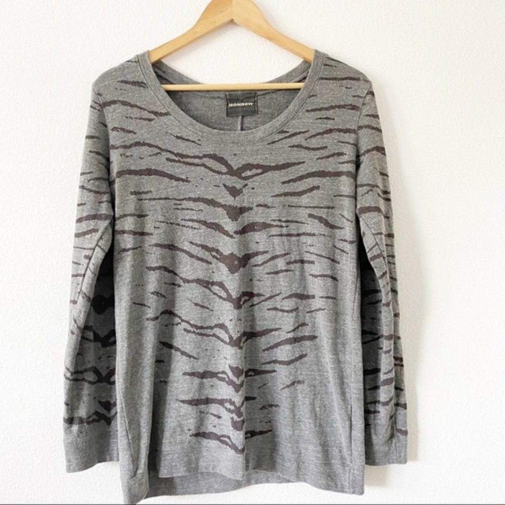 MONROW Tiger Striped Gray Burnout Pullover Sweater